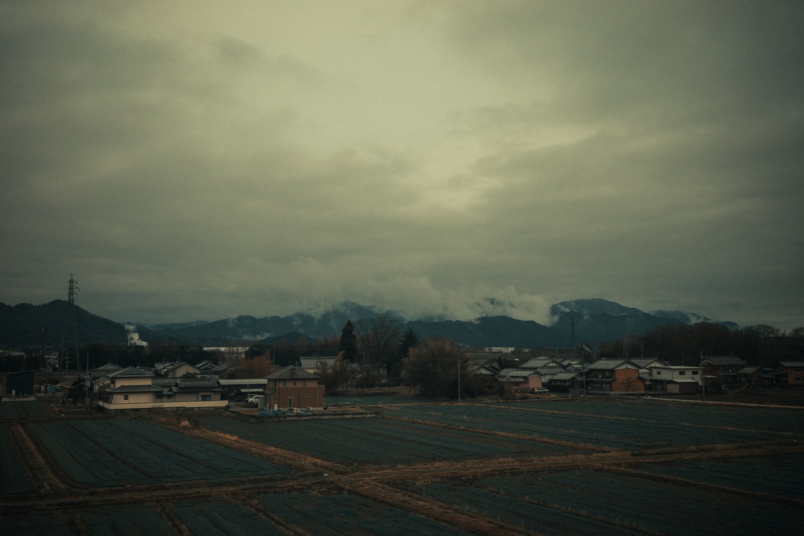 Village japonais entouré de rizières sous un ciel nuageux