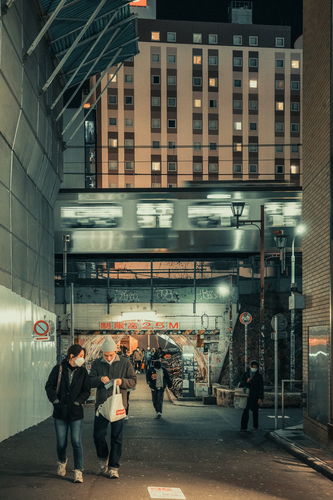 Passage sous une voie ferrée la nuit, Japon