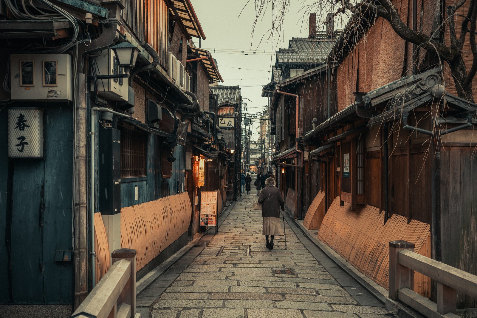 Ruelle traditionnelle avec une passante âgée, Kyoto