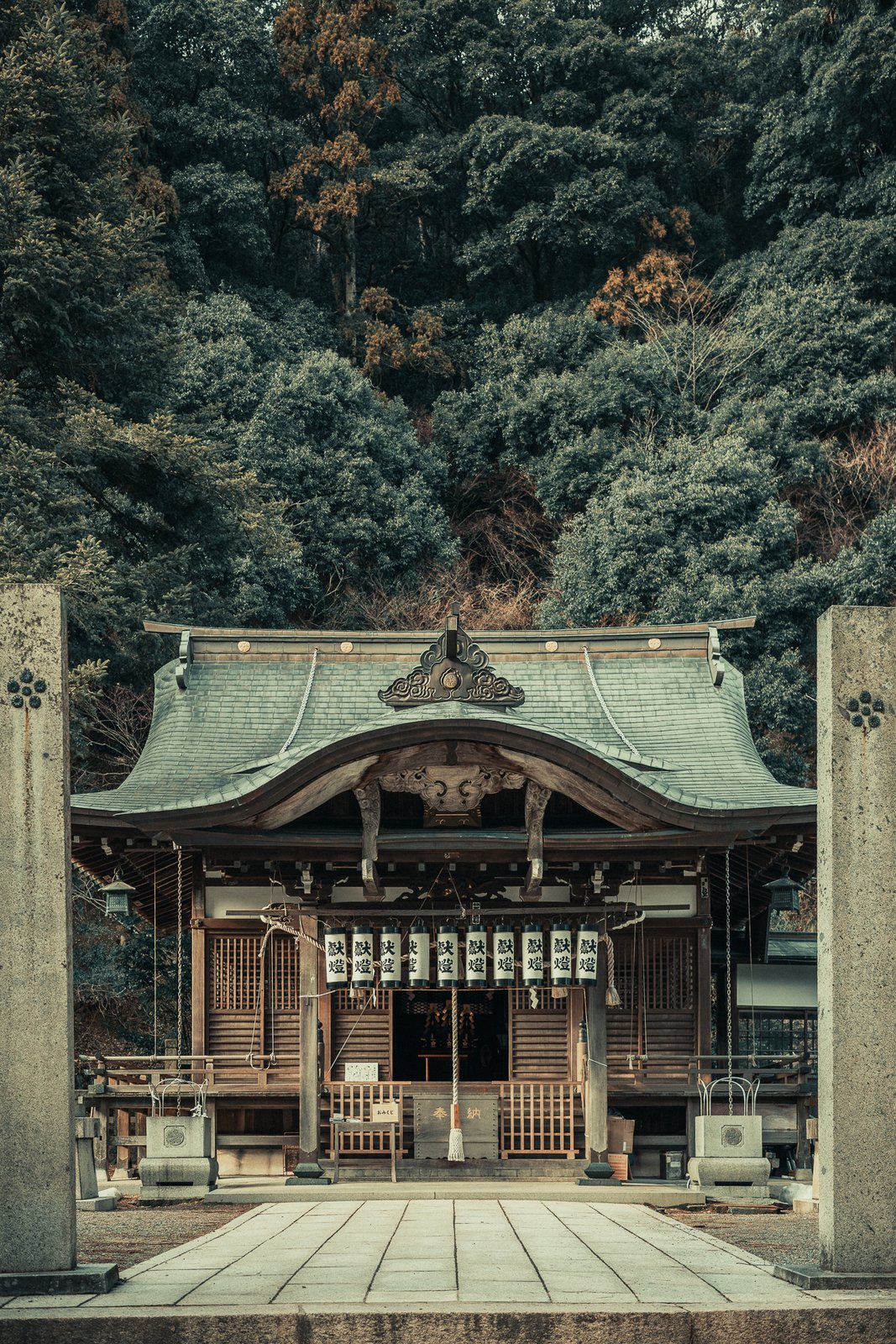 Temple japonais aux lanternes suspendues, entouré de forêt