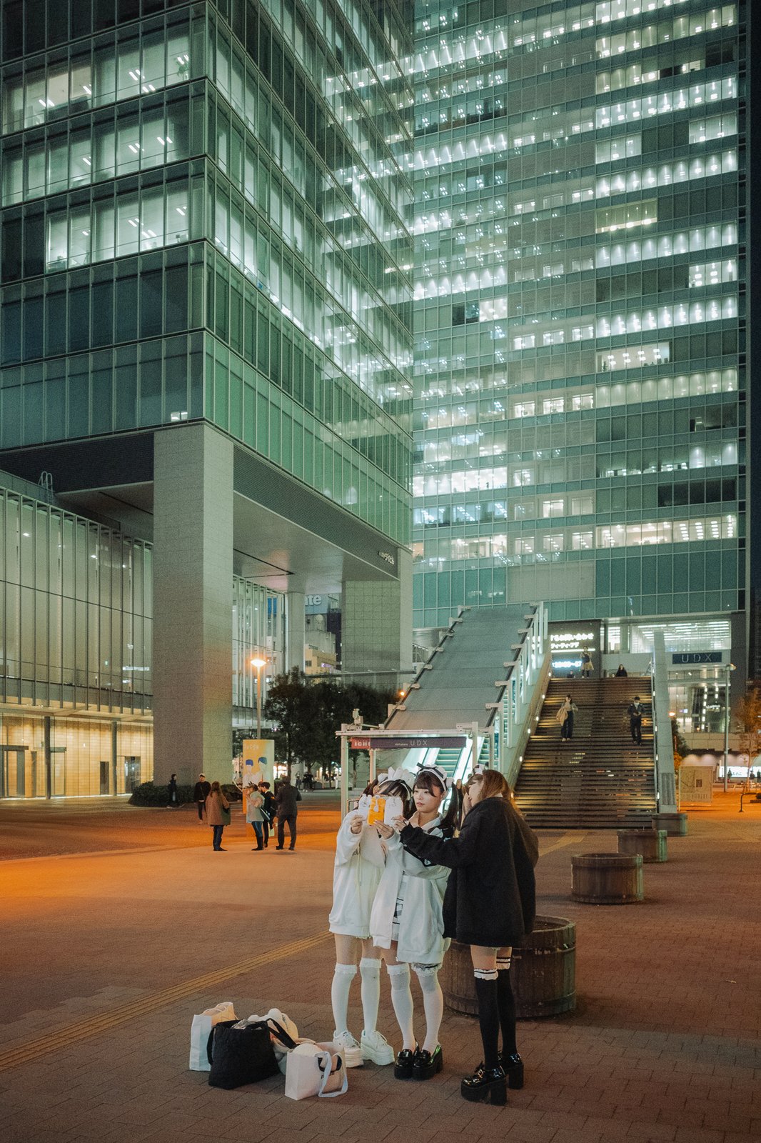 Filles en tenue de maid dans la rue la nuit, Akihabara, Tokyo